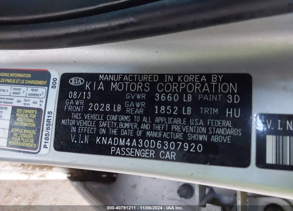 2013 KIA RIO LX VIN: KNADM4A30D6307920