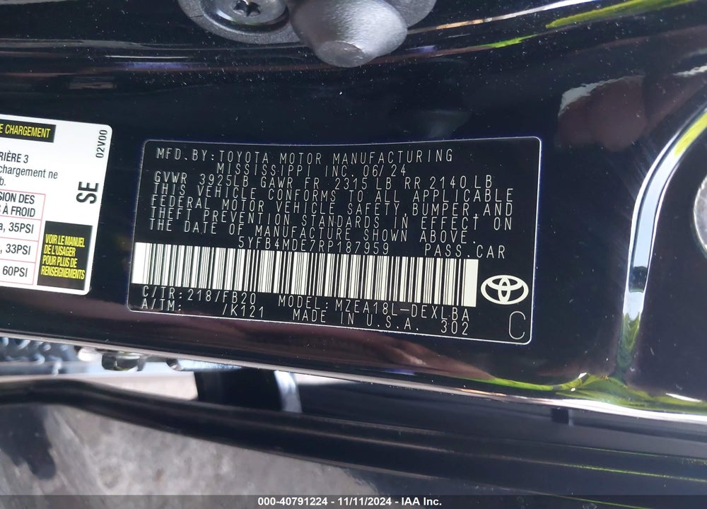 2024 TOYOTA COROLLA VIN: 5YFB4MDE7RP187959