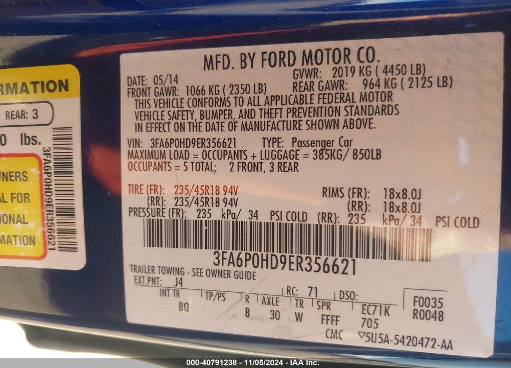 2014 FORD FUSION SE VIN: 3FA6P0HD9ER356621