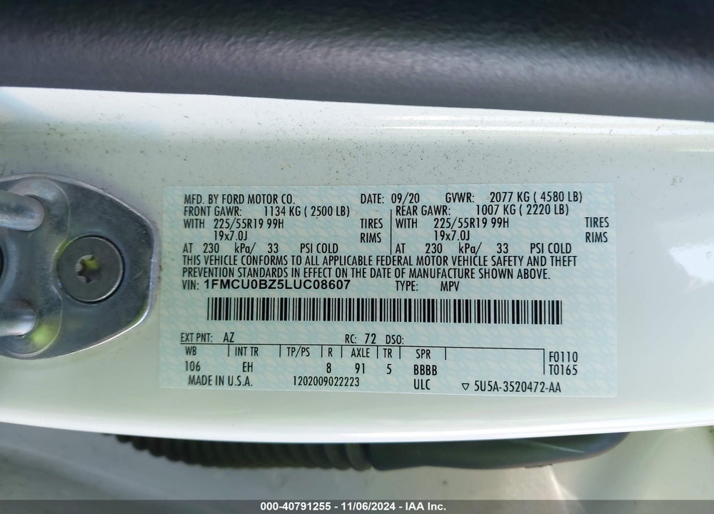 2020 FORD ESCAPE SE SPORT HYBRID VIN: 1FMCU0BZ5LUC08607