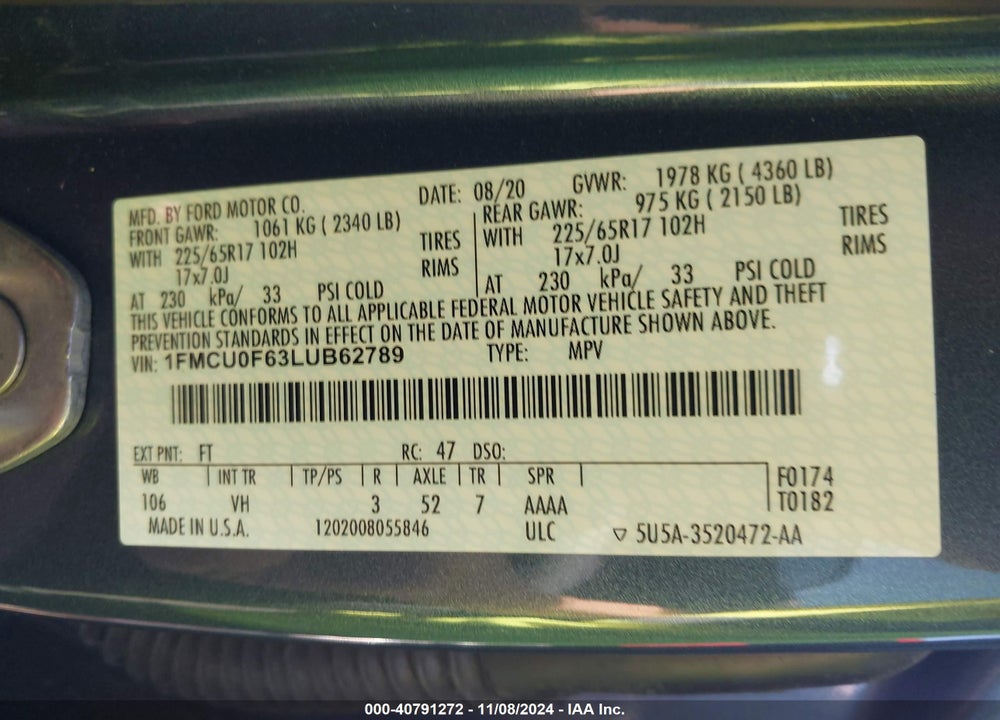 2020 FORD ESCAPE S VIN: 1FMCU0F63LUB62789