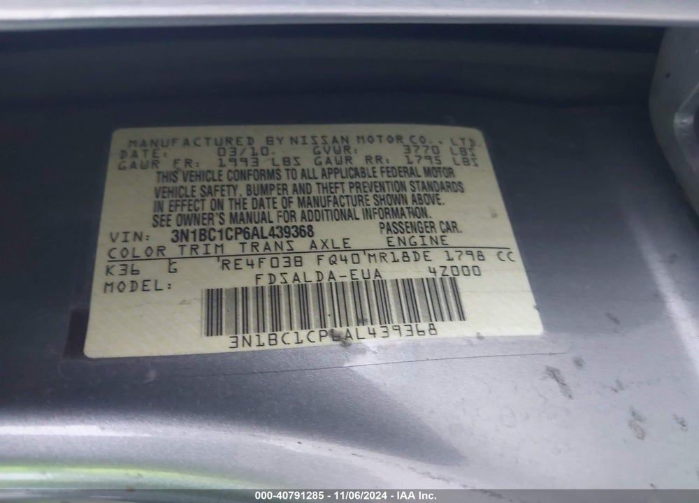 2010 NISSAN VERSA 1.8S VIN: 3N1BC1CP6AL439368