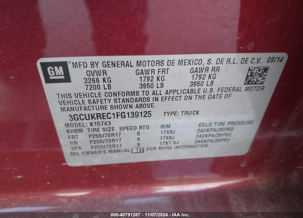 2015 CHEVROLET SILVERADO 1500 VIN: 3GCUKREC1FG139125