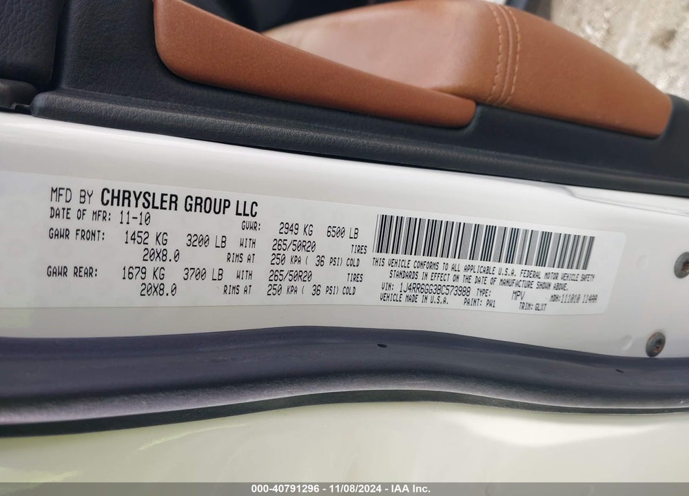 2011 JEEP GRAND CHEROKEE OVERLAND VIN: 1J4RR6GG3BC573988