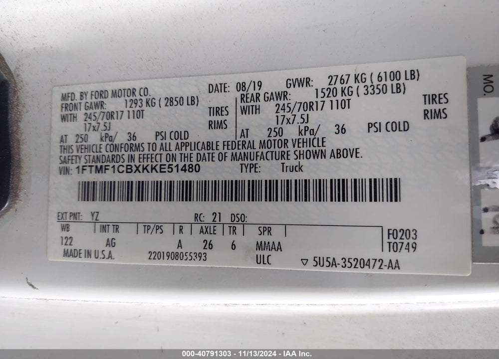 2019 FORD F-150 XL VIN: 1FTMF1CBXKKE51480