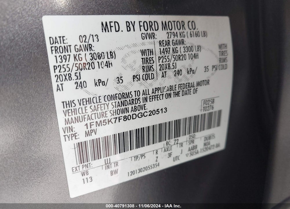 2013 FORD EXPLORER LIMITED VIN: 1FM5K7F80DGC20513