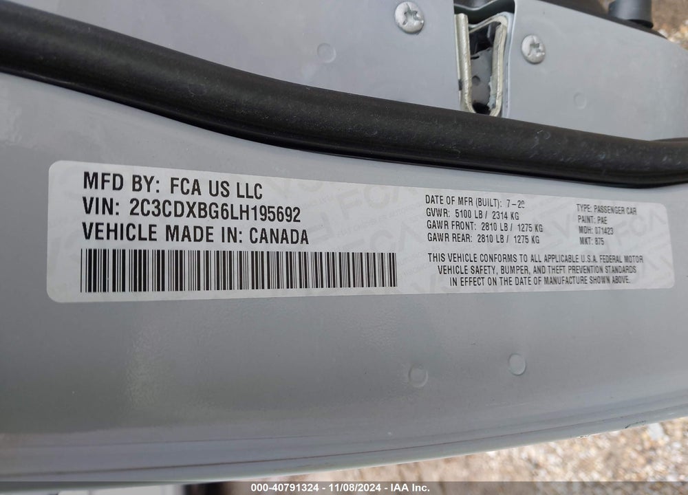 2020 DODGE CHARGER SXT RWD VIN: 2C3CDXBG6LH195692