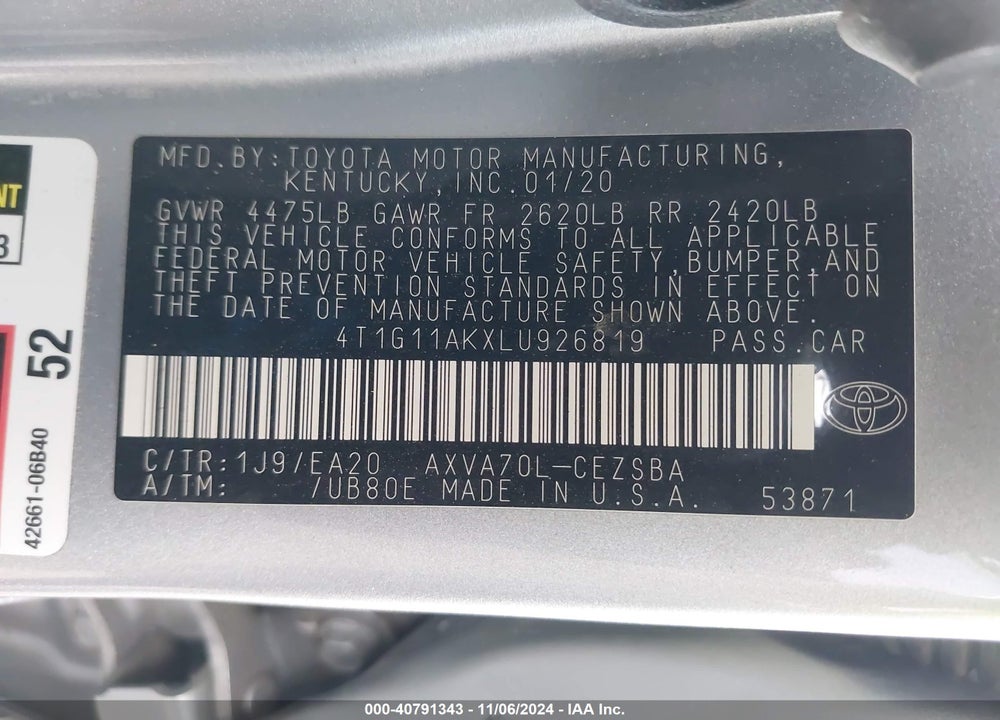 2020 TOYOTA CAMRY SE VIN: 4T1G11AKXLU926819