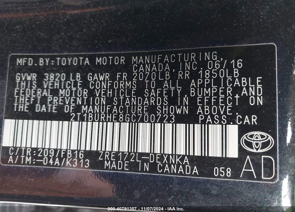 2016 TOYOTA COROLLA LE PLUS VIN: 2T1BURHE8GC700723