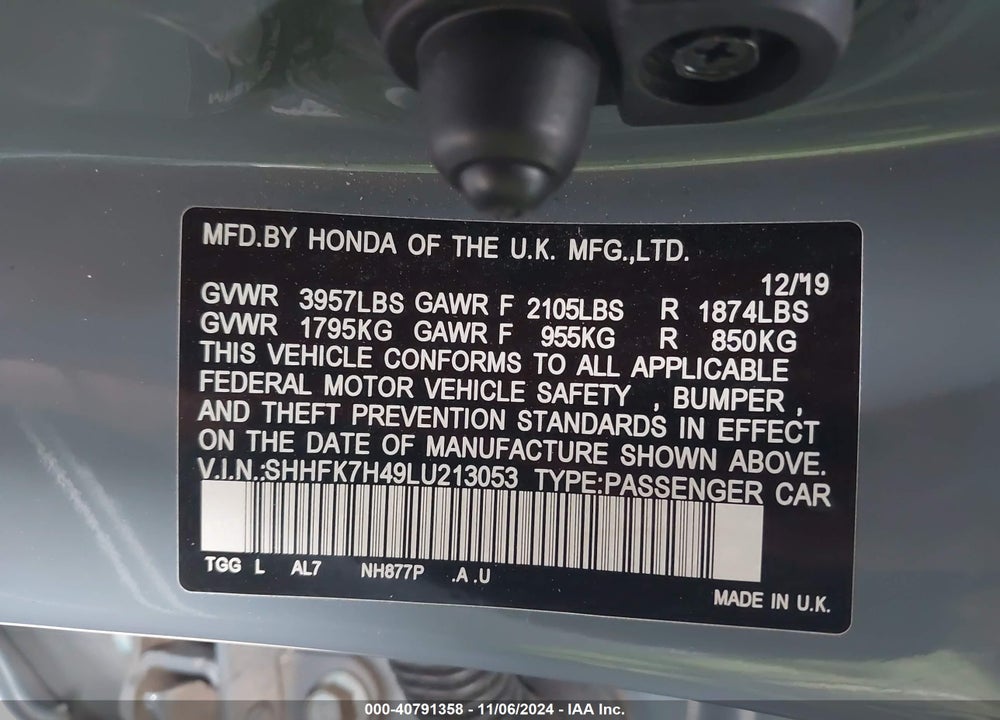 2020 HONDA CIVIC SPORT VIN: SHHFK7H49LU213053