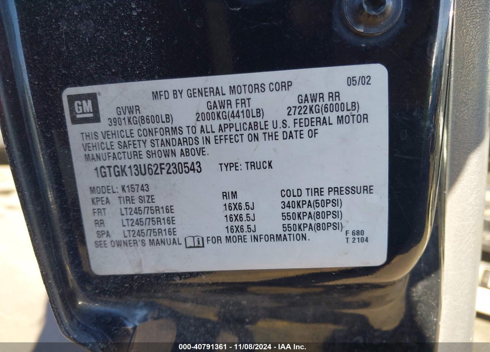2002 GMC SIERRA 1500HD SLE VIN: 1GTGK13U62F230543