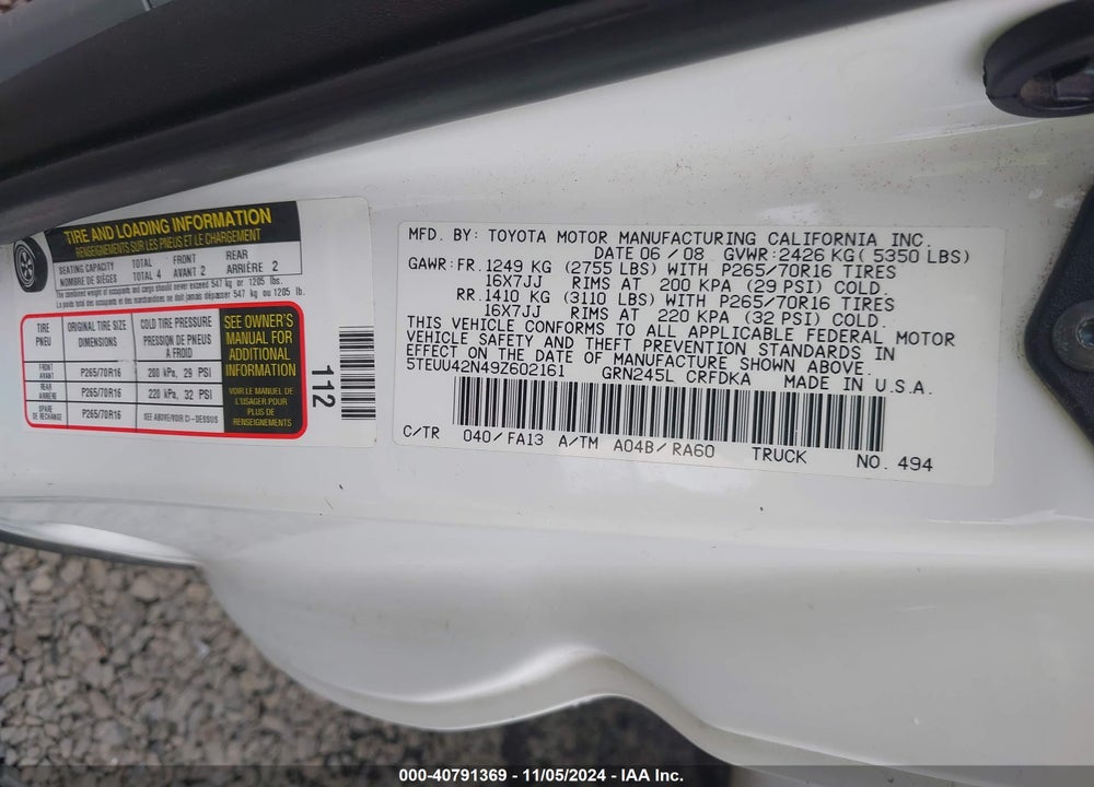 2009 TOYOTA TACOMA ACCESS CAB VIN: 5TEUU42N49Z602161