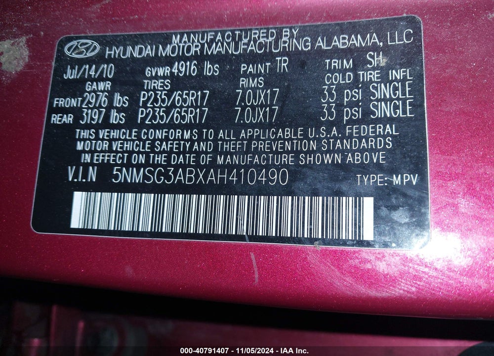 2010 HYUNDAI SANTA FE GLS VIN: 5NMSG3ABXAH410490