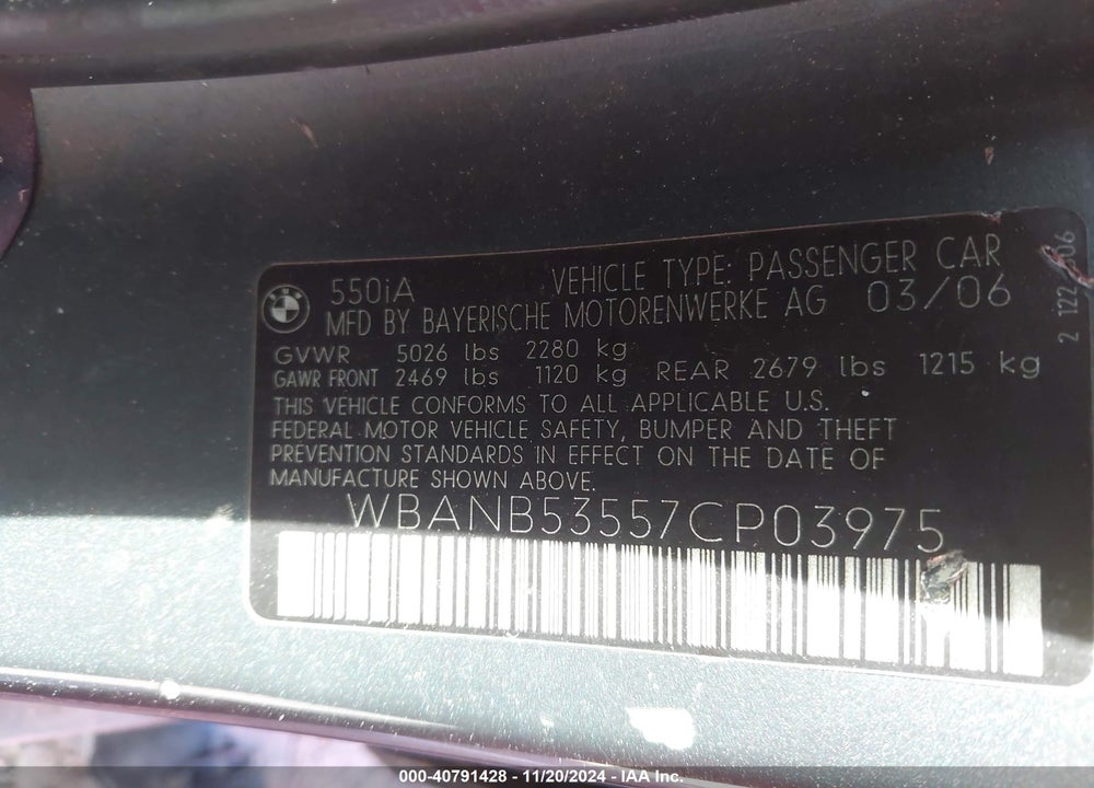 2007 BMW 550I VIN: WBANB53557CP03975