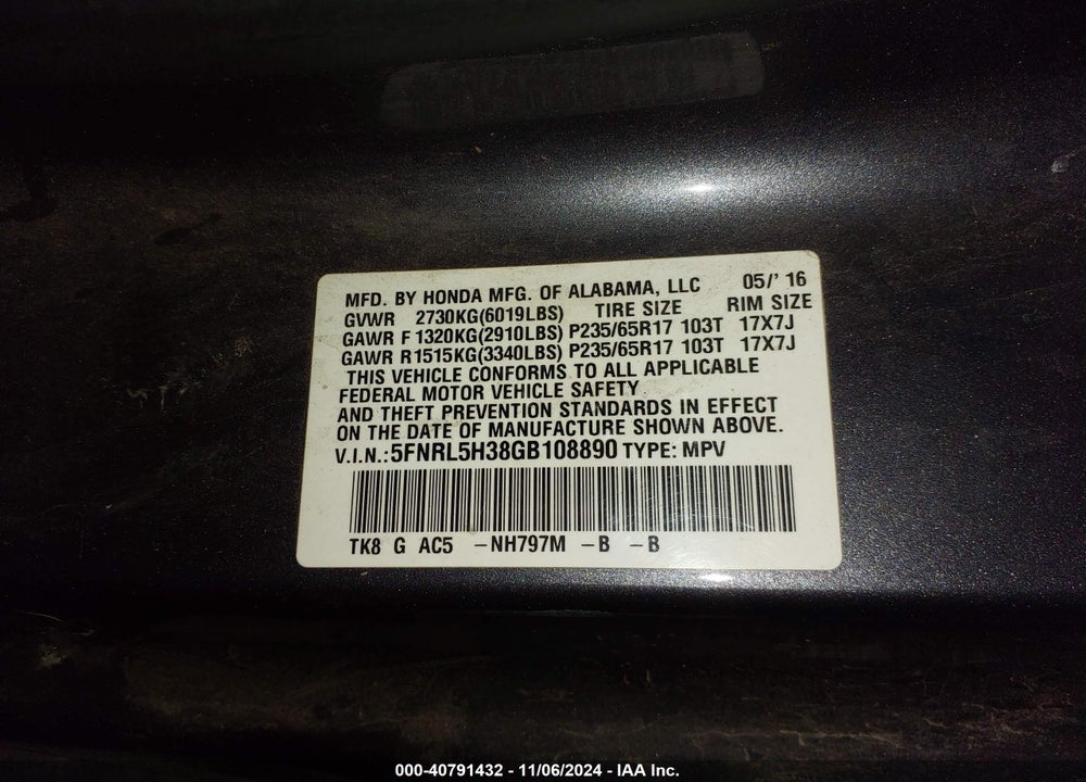 2016 HONDA ODYSSEY SE VIN: 5FNRL5H38GB108890