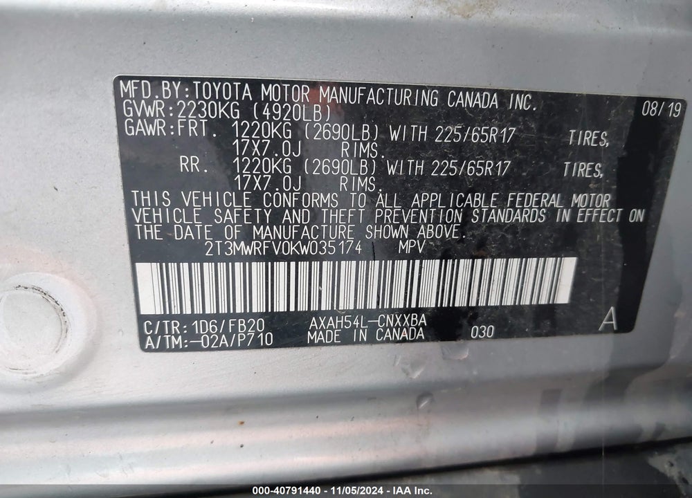 2019 TOYOTA RAV4 HYBRID LE VIN: 2T3MWRFV0KW035174