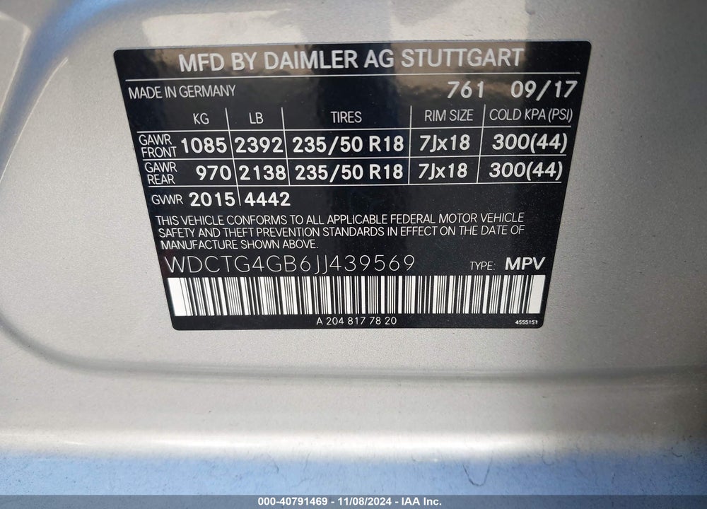 2018 MERCEDES-BENZ GLA 250 4MATIC VIN: WDCTG4GB6JJ439569