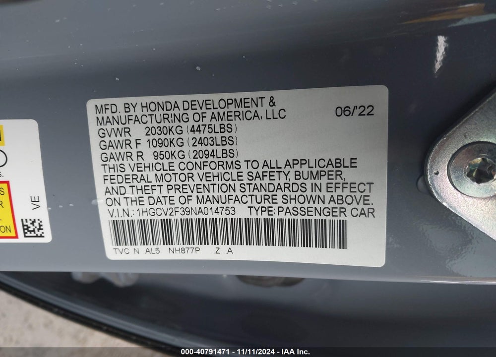 2022 HONDA ACCORD SPORT 2.0T VIN: 1HGCV2F39NA014753