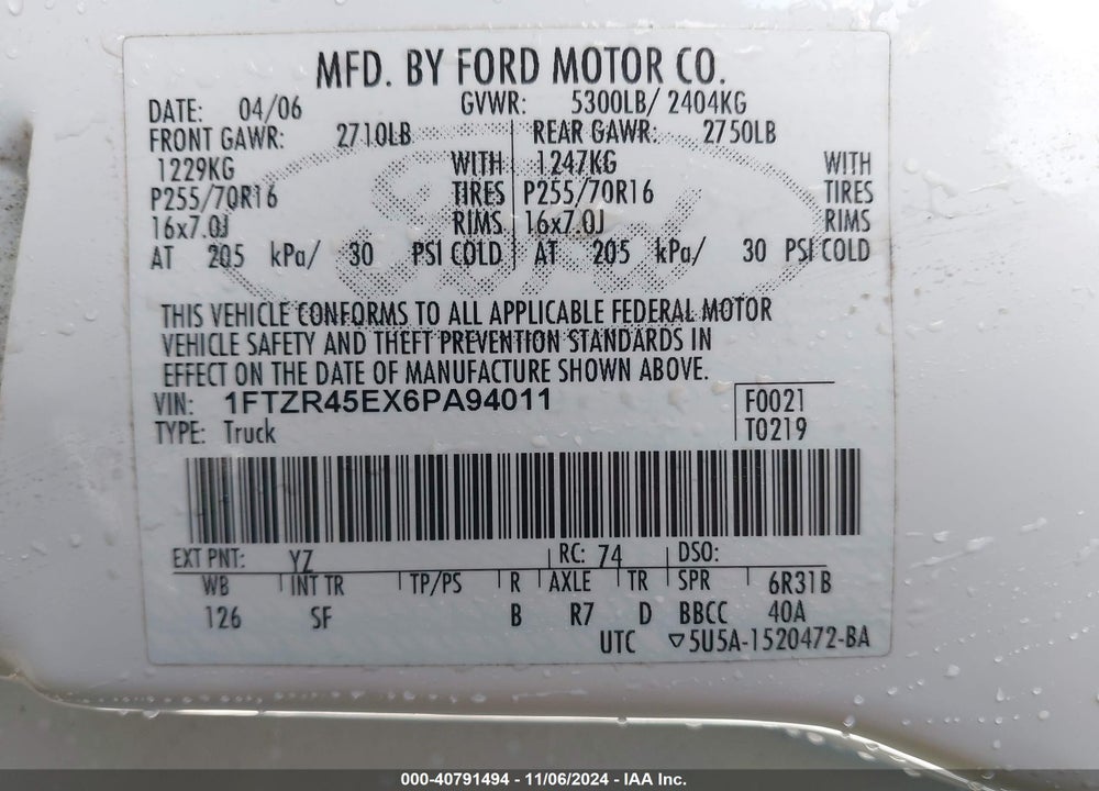 2006 FORD RANGER FX4 LEVEL II/FX4 OFF-ROAD/SPORT/XLT VIN: 1FTZR45EX6PA94011