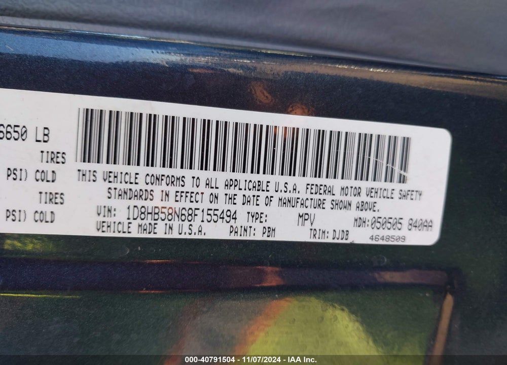 2008 DODGE DURANGO LIMITED VIN: 1D8HB58N68F155494