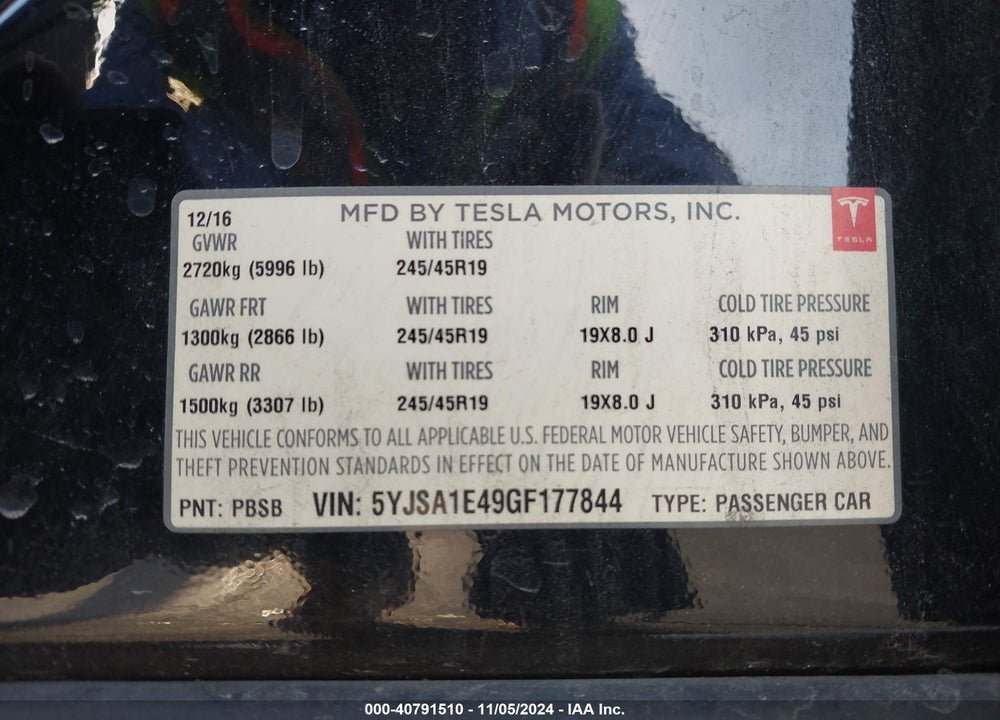 2016 TESLA MODEL S 90D/P100D/P85D/P90D VIN: 5YJSA1E49GF177844