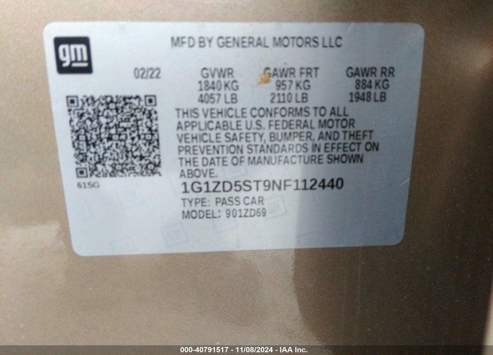 2022 CHEVROLET MALIBU FWD LT VIN: 1G1ZD5ST9NF112440