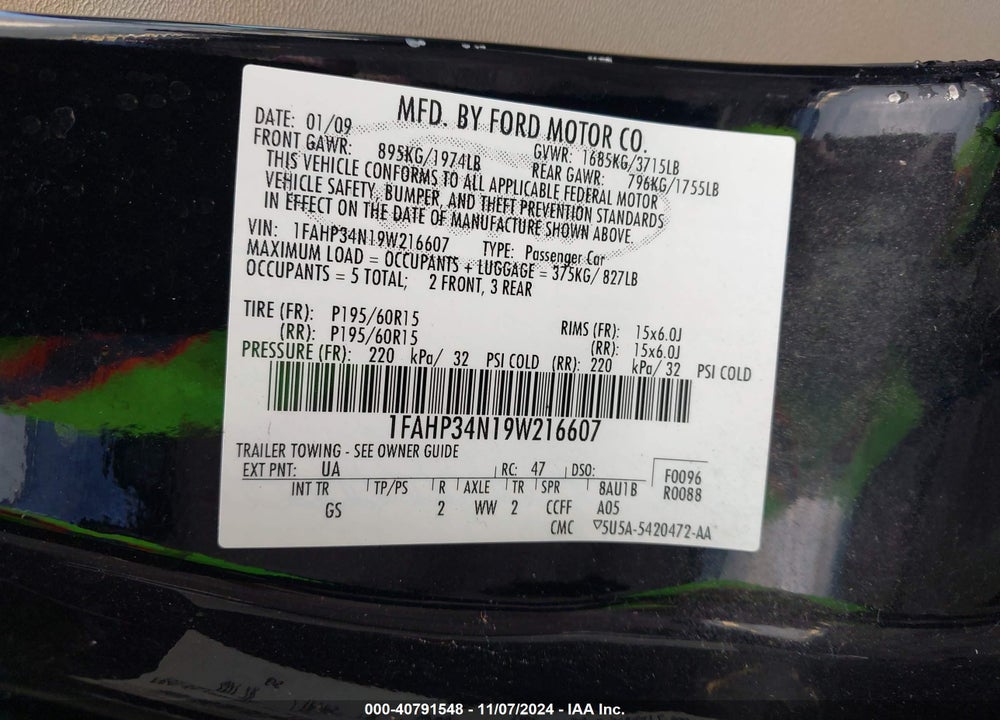 2009 FORD FOCUS S VIN: 1FAHP34N19W216607