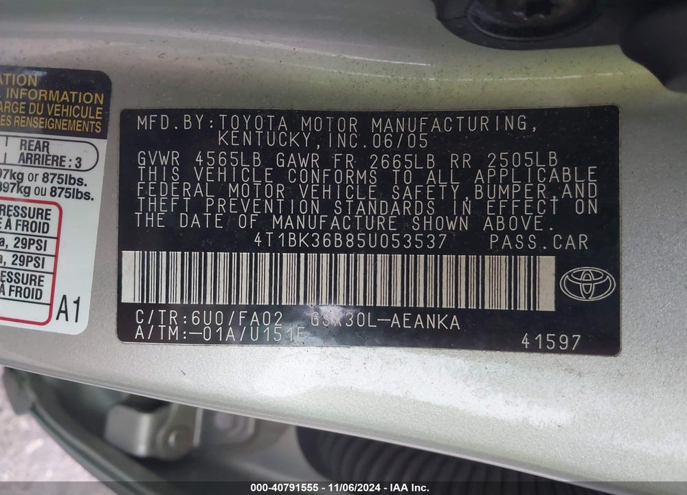 2005 TOYOTA AVALON XL VIN: 4T1BK36B85U053537