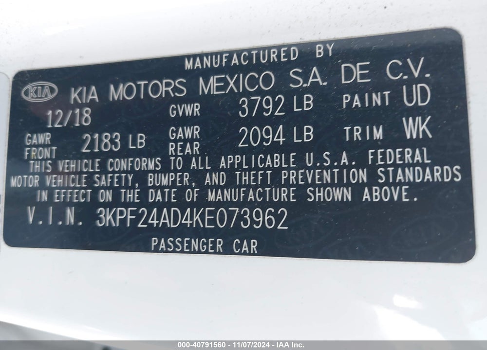 2019 KIA FORTE FE VIN: 3KPF24AD4KE073962