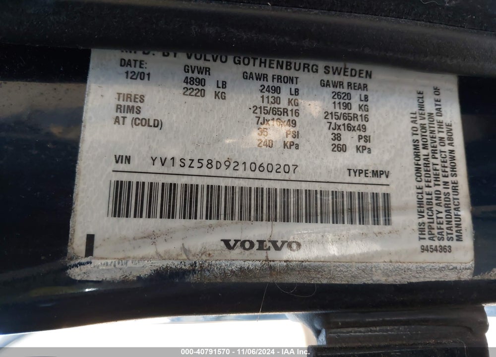 2002 VOLVO V70 XC VIN: YV1SZ58D921060207