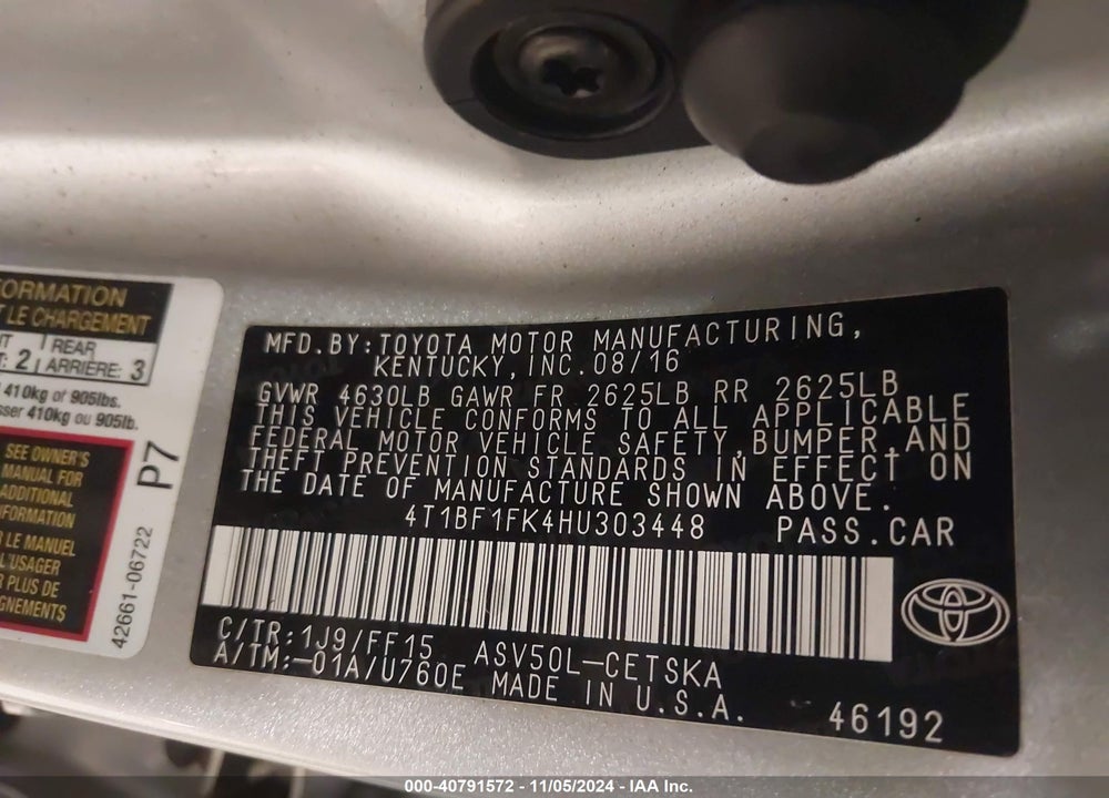 2017 TOYOTA CAMRY SE VIN: 4T1BF1FK4HU303448