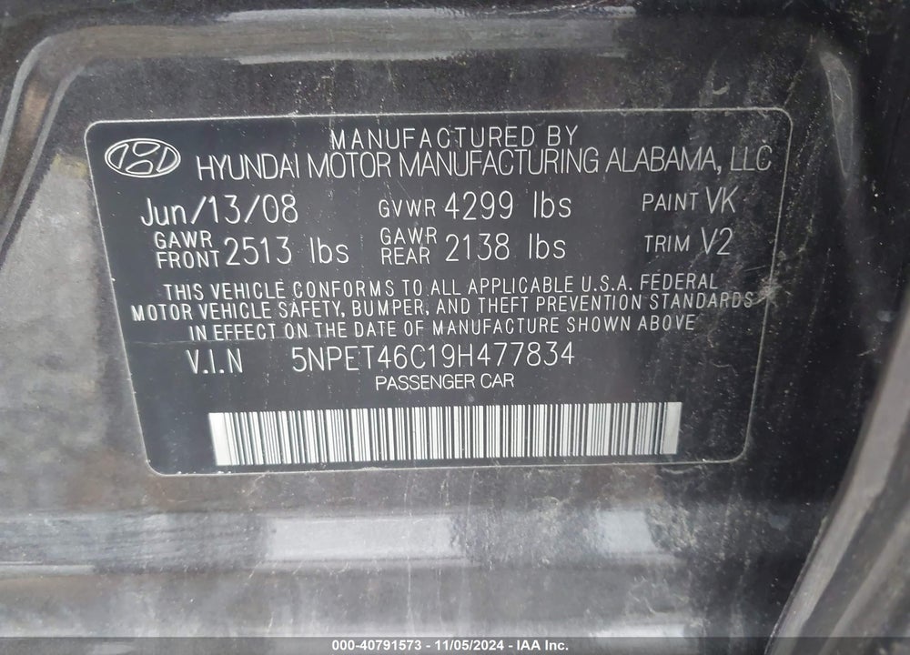 2009 HYUNDAI SONATA GLS VIN: 5NPET46C19H477834