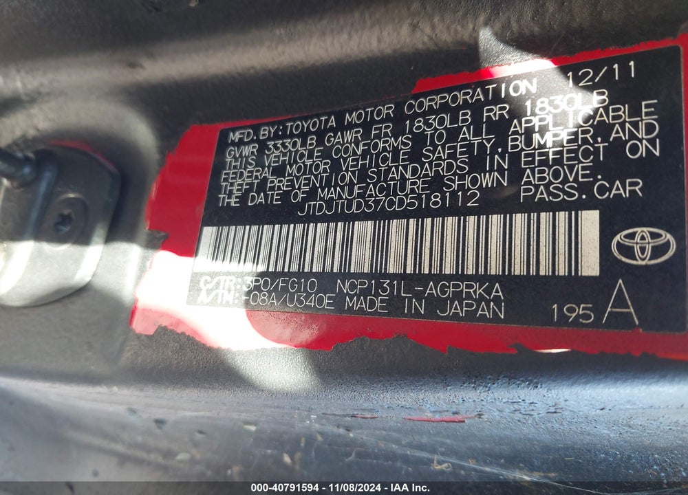 2012 TOYOTA YARIS LE VIN: JTDJTUD37CD518112