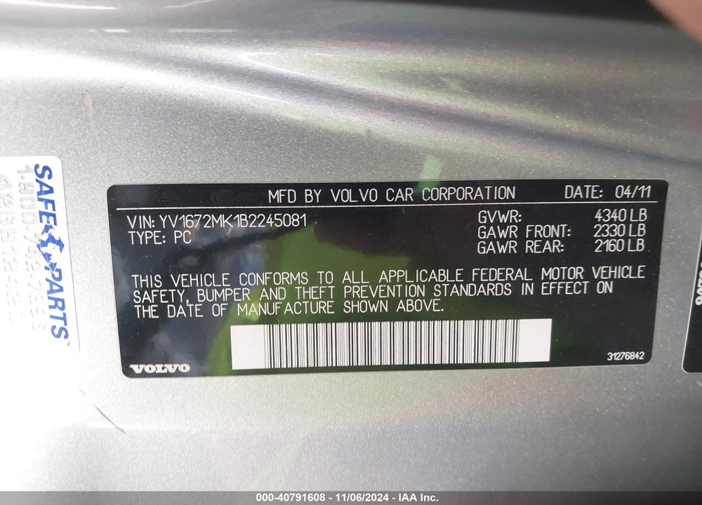 2011 VOLVO C30 T5 VIN: YV1672MK1B2245081