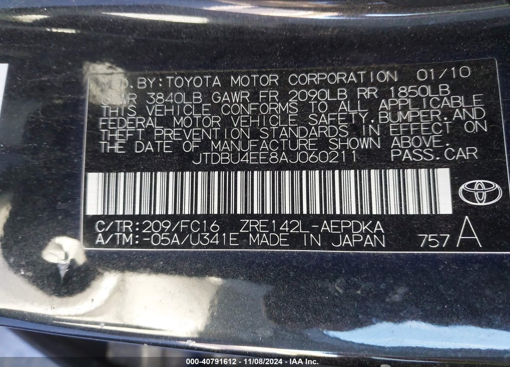 2010 TOYOTA COROLLA LE/S/XLE VIN: JTDBU4EE8AJ060211