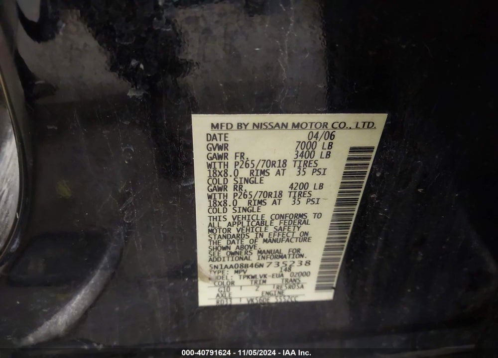 2006 NISSAN ARMADA LE VIN: 5N1AA08B46N735238