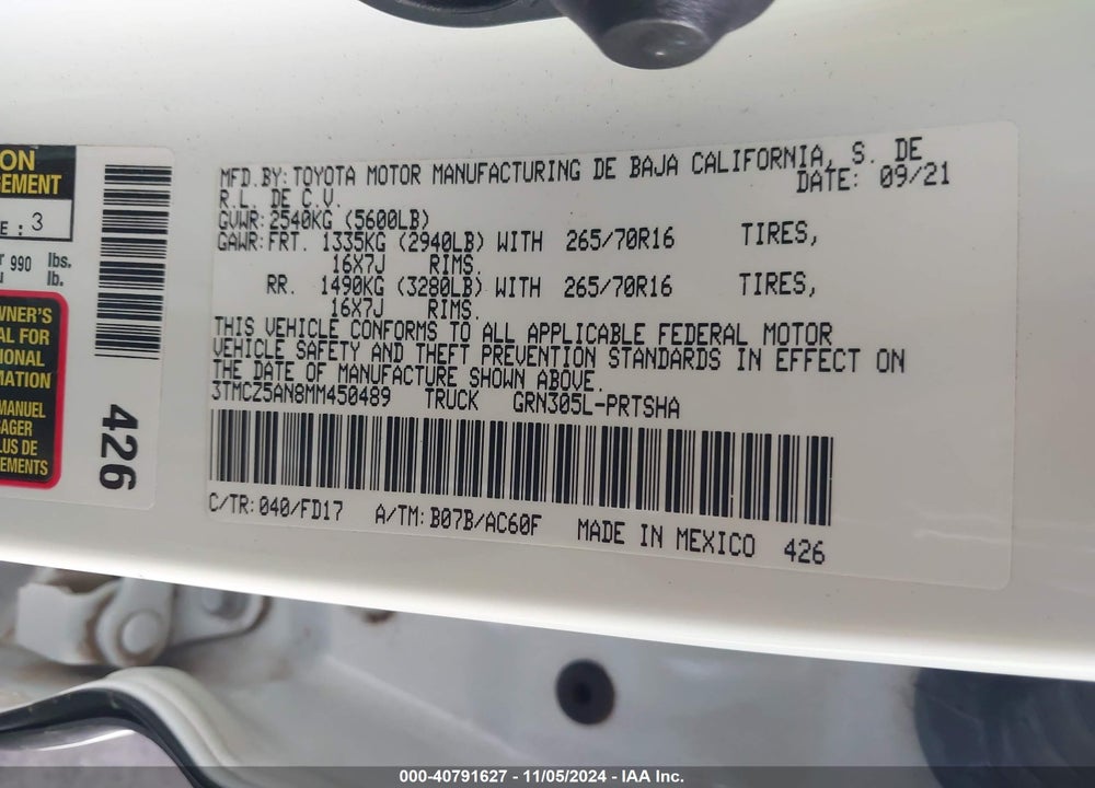 2021 TOYOTA TACOMA TRD OFF ROAD VIN: 3TMCZ5AN8MM450489