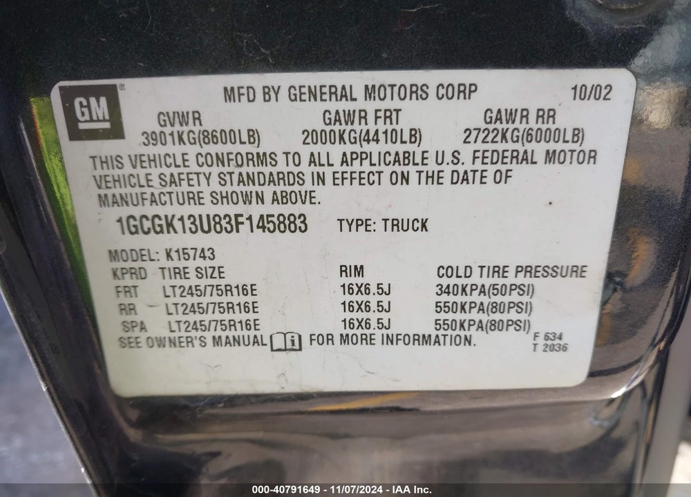 2003 CHEVROLET SILVERADO 1500HD LT VIN: 1GCGK13U83F145883