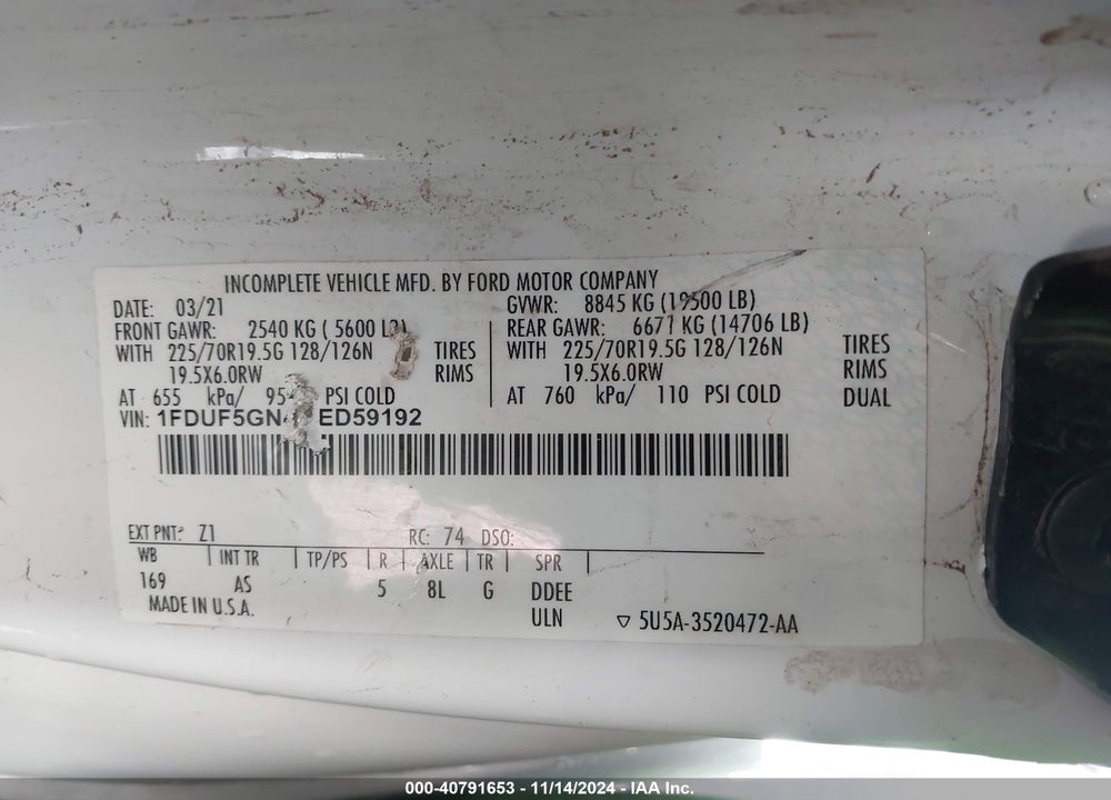 2021 FORD F-550 CHASSIS XL VIN: 1FDUF5GN4MED59192
