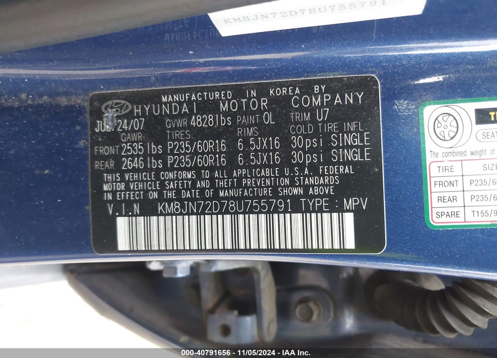 2008 HYUNDAI TUCSON LIMITED V6/SE VIN: KM8JN72D78U755791