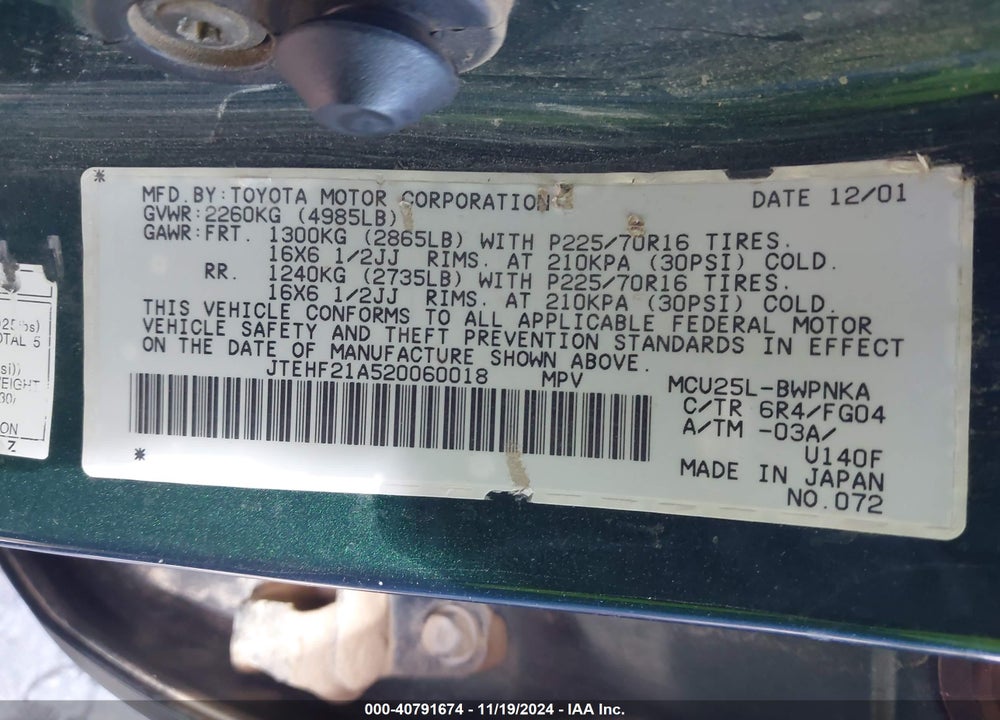 2002 TOYOTA HIGHLANDER V6 VIN: JTEHF21A520060018