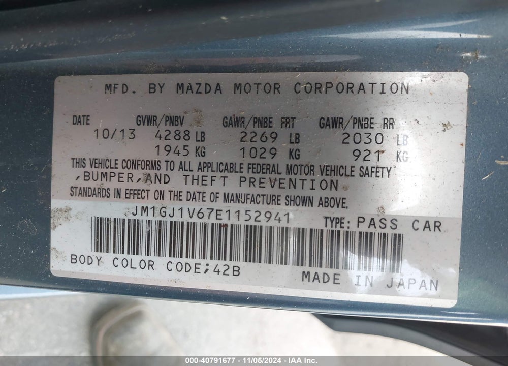 2014 MAZDA 6 I TOURING VIN: JM1GJ1V67E1152941