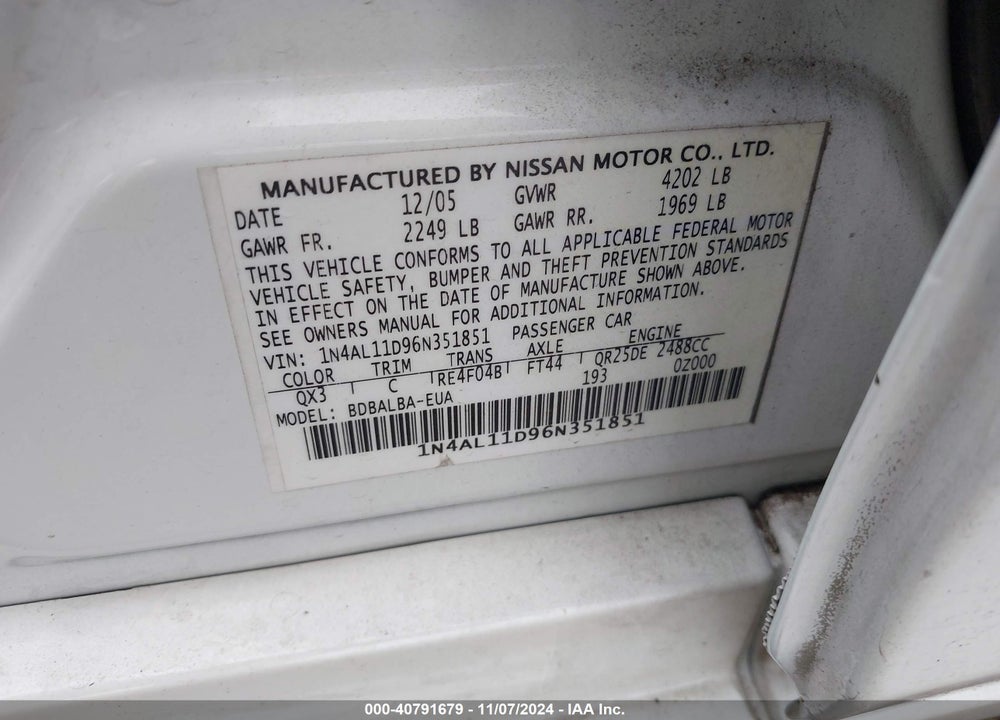 2006 NISSAN ALTIMA 2.5 S VIN: 1N4AL11D96N351851