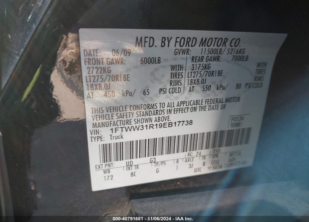 2009 FORD F-350 FX4/HARLEY-DAVIDSON/KING RANCH/LARIAT/XL/XLT VIN: 1FTWW31R19EB17738