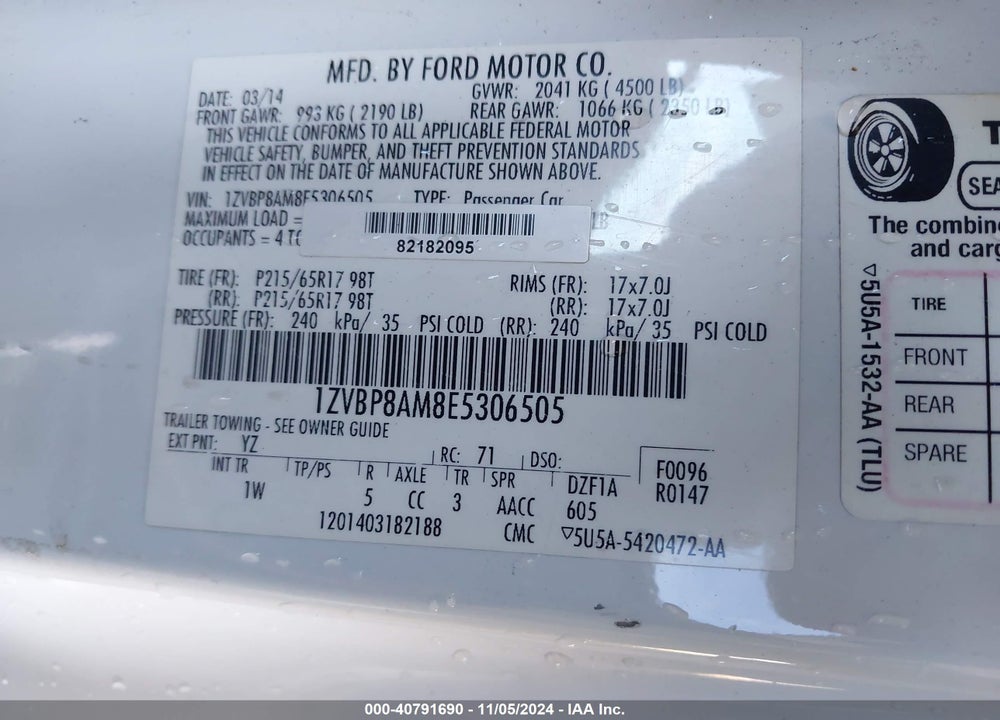 2014 FORD MUSTANG V6 VIN: 1ZVBP8AM8E5306505