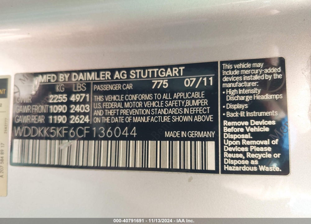 2012 MERCEDES-BENZ E 350 VIN: WDDKK5KF6CF136044