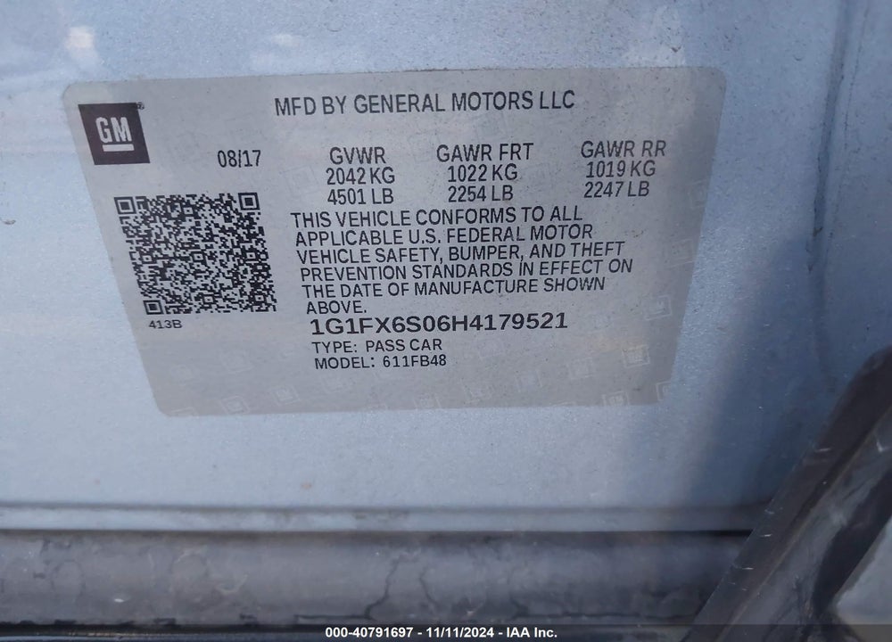 2017 CHEVROLET BOLT EV PREMIER VIN: 1G1FX6S06H4179521