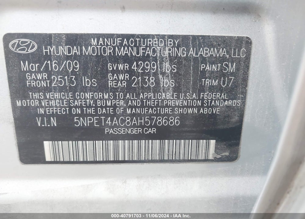 2010 HYUNDAI SONATA GLS VIN: 5NPET4AC8AH578686