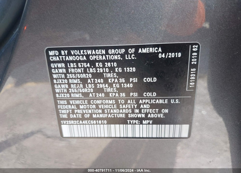 2019 VOLKSWAGEN ATLAS 3.6L V6 SEL R-LINE VIN: 1V2SR2CA4KC561610