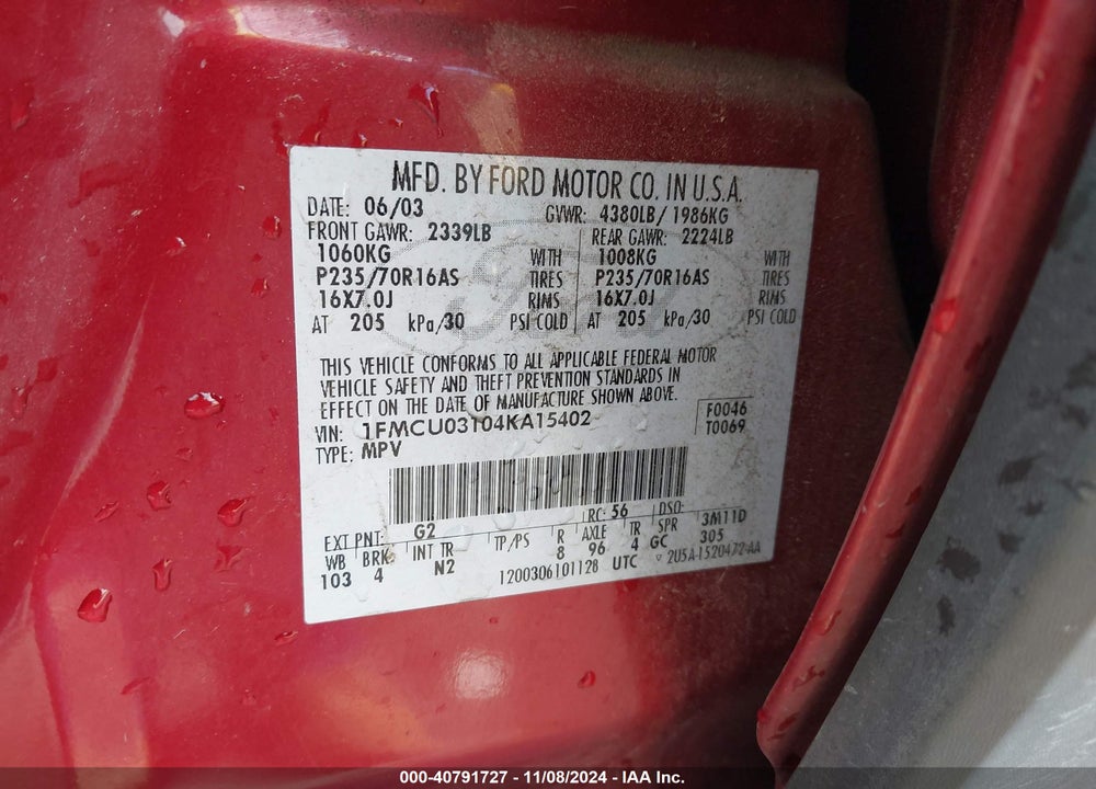 2004 FORD ESCAPE XLT VIN: 1FMCU03104KA15402